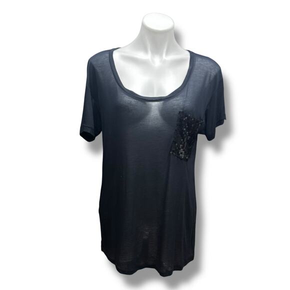 Y2K Express T Shirts 2 Sheer Embellished Pockets Black White Studded Sequins M - Picture 15 of 16